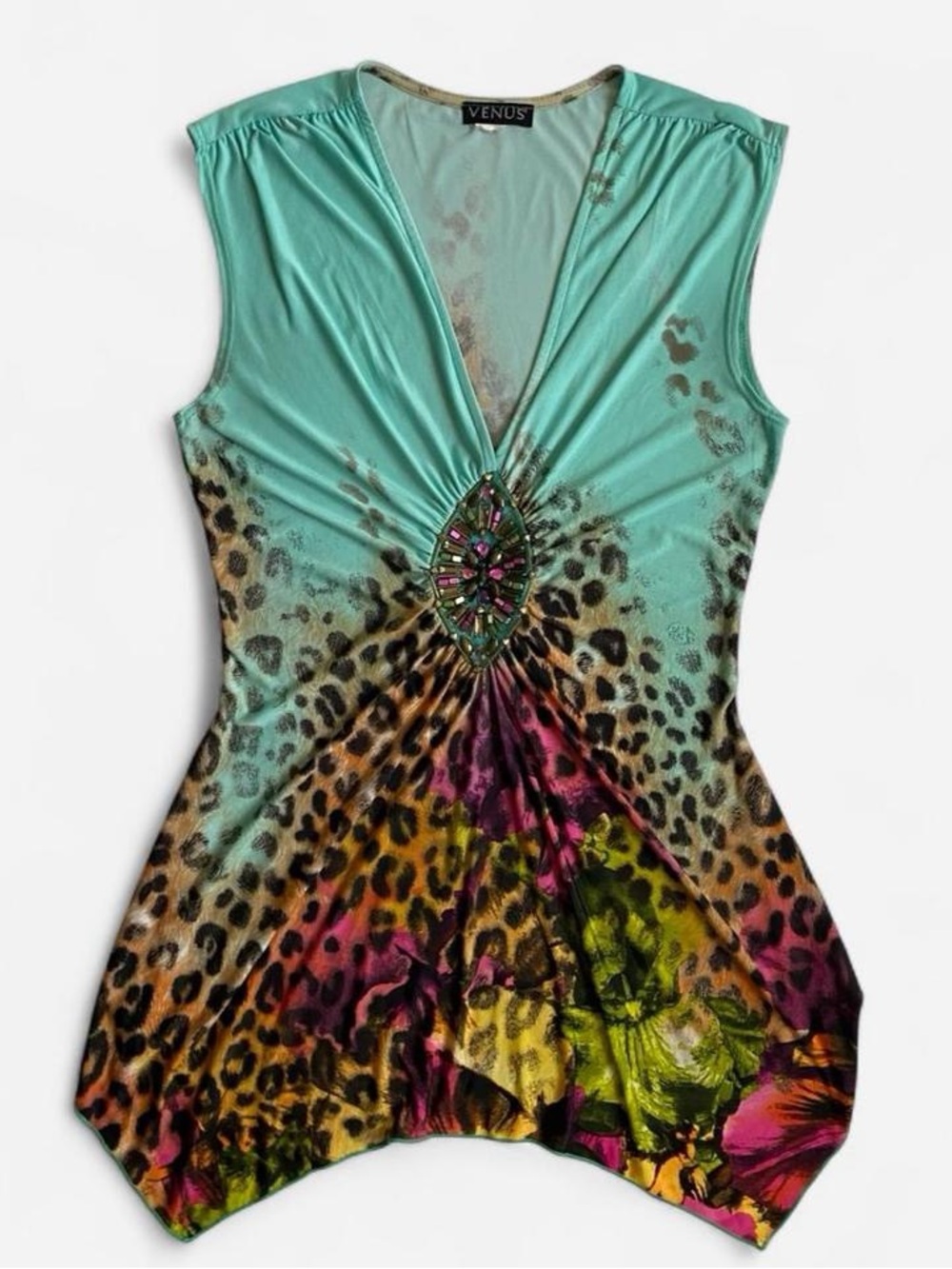 Vintage Y2K animal print asymmetrical embellished top